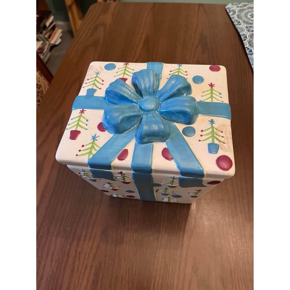 Holiday Ceramic Present Gift Box Cookie Jar